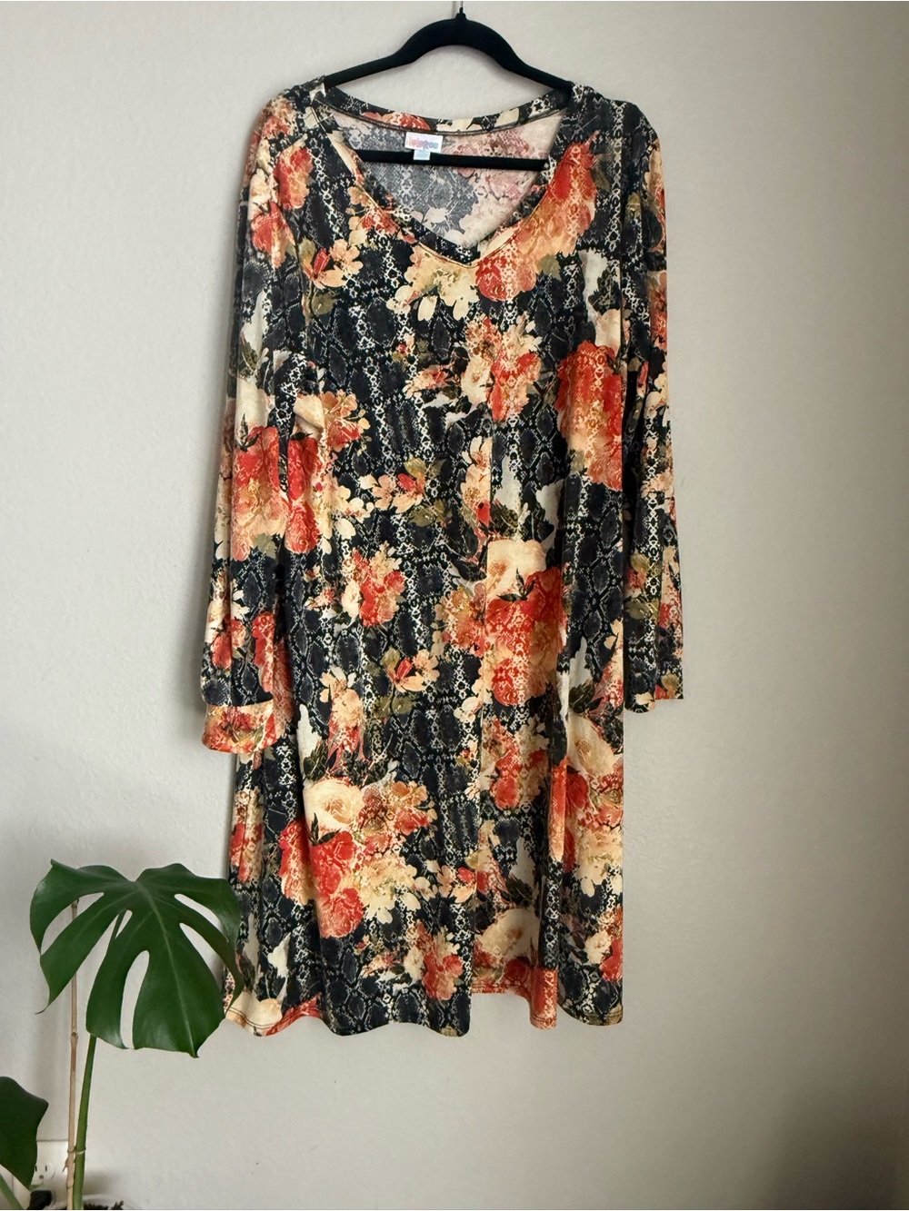 LuLaRoe Floral Midi Dress in Black, Rust and Cream